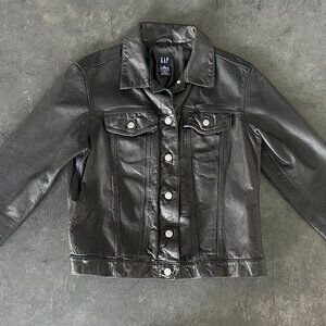 Womens RARE Gap Vintage 1999 Y2K Black Leather Trucker Rockstar Jacket Sz M
